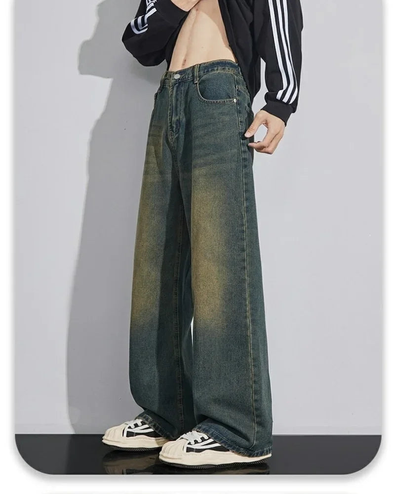 New Bent Knife Jeans for Men American Retro Washed Distressed Wide Leg Pants Four Seasons Loose Straight Leg Feelin Street Jeans