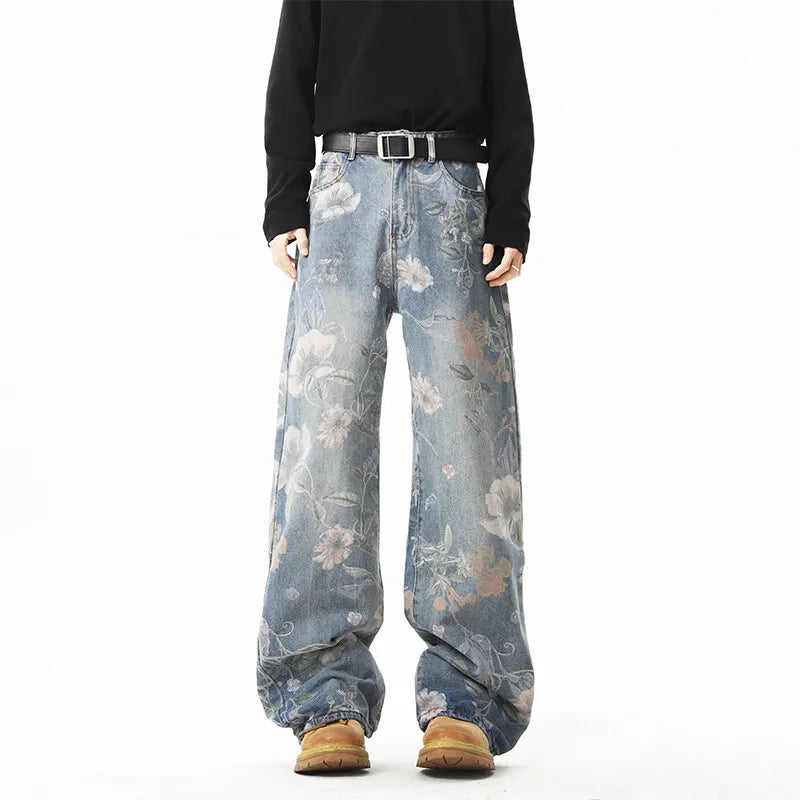2025 NEW JEANS American hip-hop men and women trendy retro floral print straight leg jeans couples loose wide leg casual pants