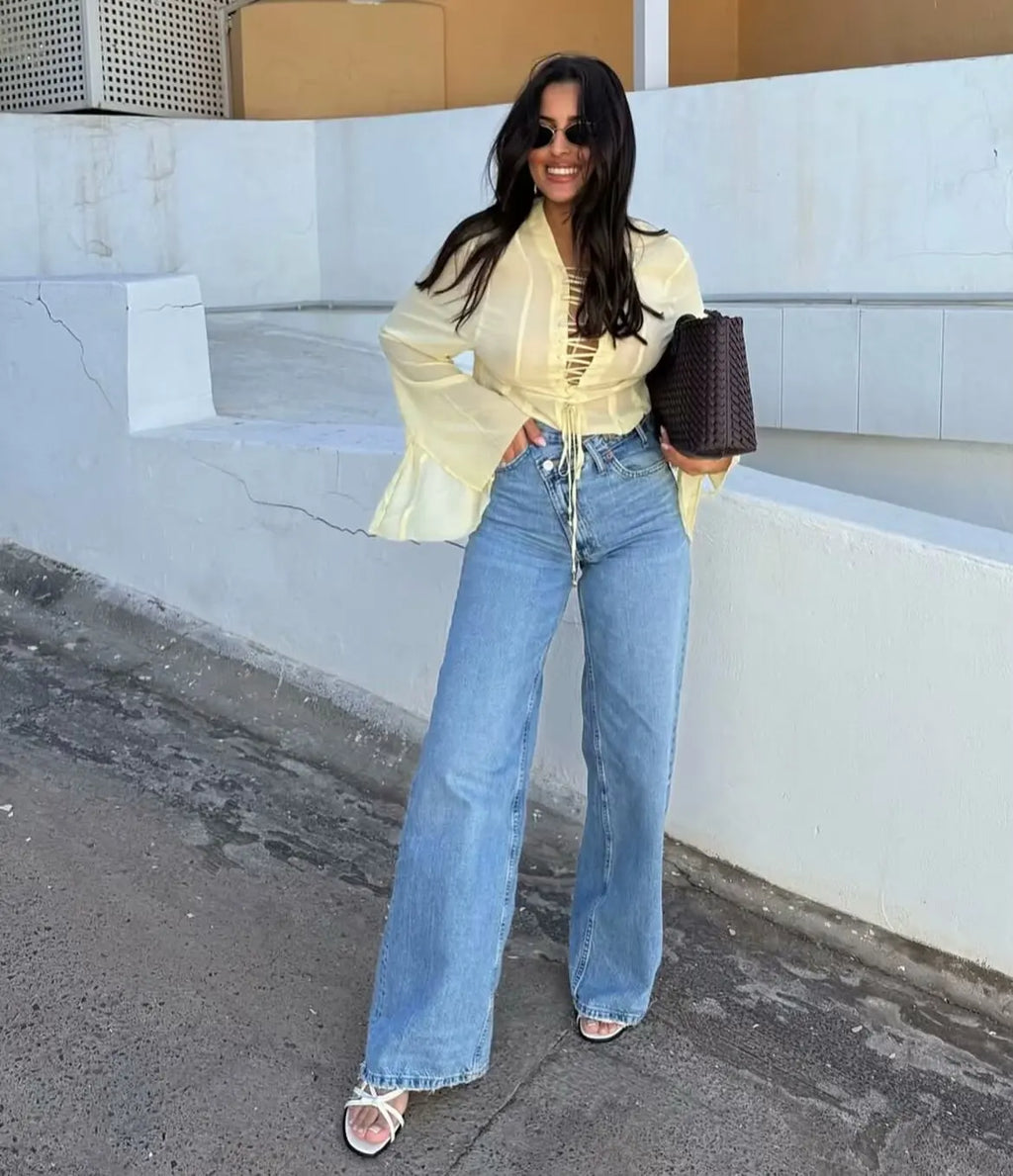 Woman Jeans Pants 2025 Spring High Waist Wide Leg Straight Fit Blue Casual Vintage Versatile Daily Streetwear Denim Jeans