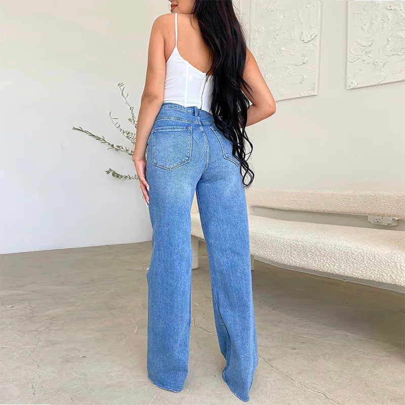 2026 Women's Jeans Long High-waisted Ripped Rough Edge Hot-selling Comfortable Wide-leg Pants