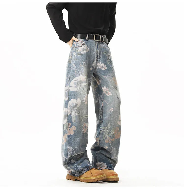 2025 NEW JEANS American hip-hop men and women trendy retro floral print straight leg jeans couples loose wide leg casual pants