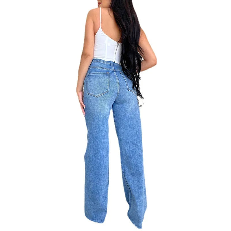 2026 Women's Jeans Long High-waisted Ripped Rough Edge Hot-selling Comfortable Wide-leg Pants