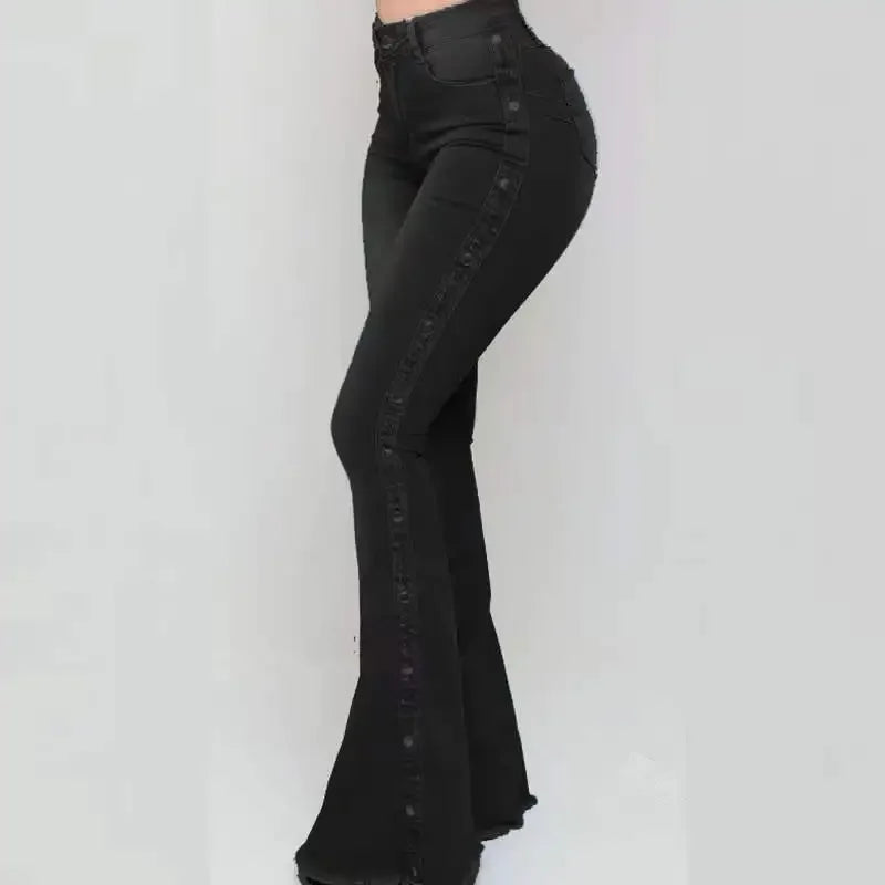 Women Jeans High Waist Strecth Denim Flare Pants Vintage Trousers Buttons Denims Streetwear Spring Autumn Female Floor Length