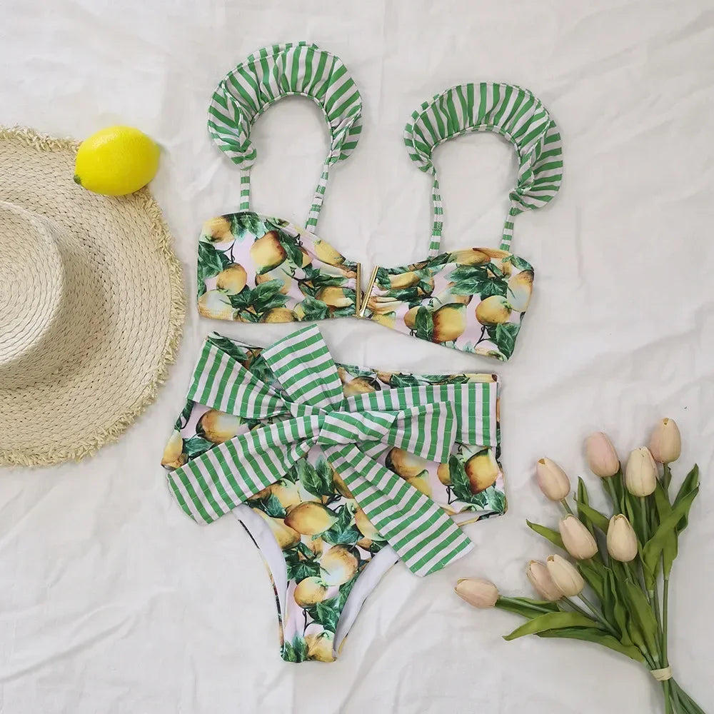 Two-Pieces Women Floral 2023 Push-Up Padded Bra Ruffles Bandage Bikini Set Swimsuit Swimwear Bathing Suit Beachwear Biquini