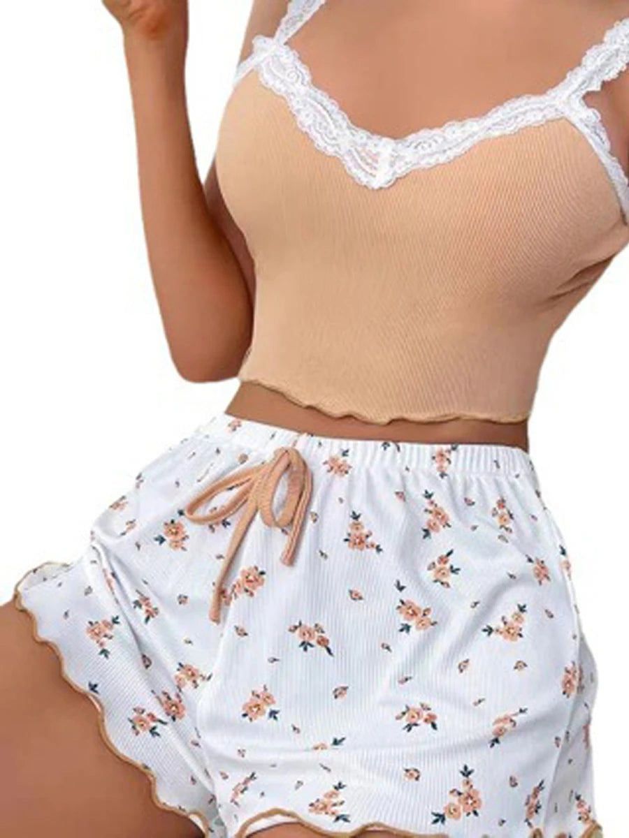 Women Two-piece Summer Sexy Pajama Set Ribbed Knitted Flower Print Lace Trimmed Camisole Vest Bow Shorts Suspender Shorts Suit