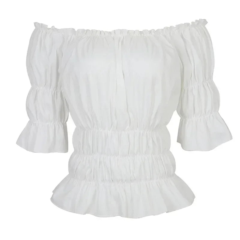 Women Renaissance Blouse Tops Corset Waist Medieval Victorian Off Shoulder Short Sleeve Shirt Pirate Cosplay Costumes Halloween