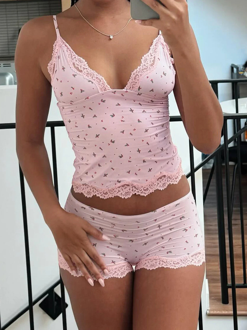 Summer Two-piece Pajamas Set for Women Sleepwear  Floral Lace Pink Sleeveless Camisoles and Slim Shorts Loungewear