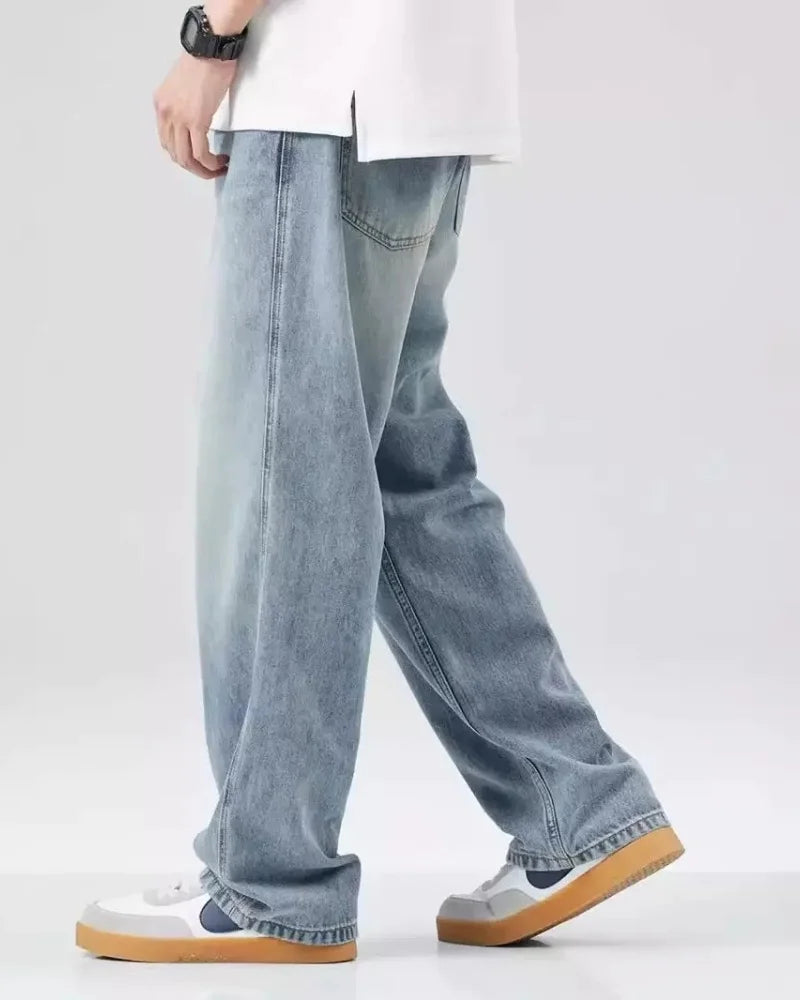 New Bent Knife Jeans for Men American Retro Washed Distressed Wide Leg Pants Four Seasons Loose Straight Leg Feelin Street Jeans