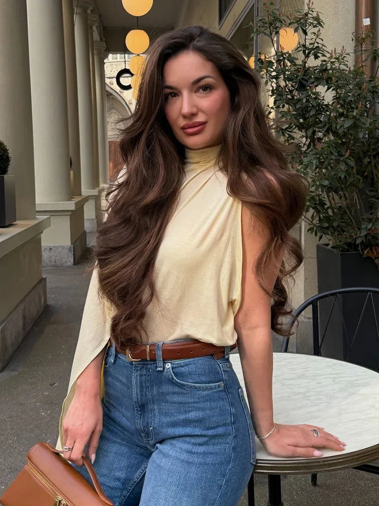 HH Women Spring Fashion Versatile High Neck Drape Asymmetric Top Female Sexy Elegant Slim High Street Casual Commuting Party Top