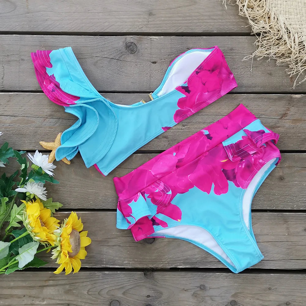 Two-Pieces Women Floral 2023 Push-Up Padded Bra Ruffles Bandage Bikini Set Swimsuit Swimwear Bathing Suit Beachwear Biquini