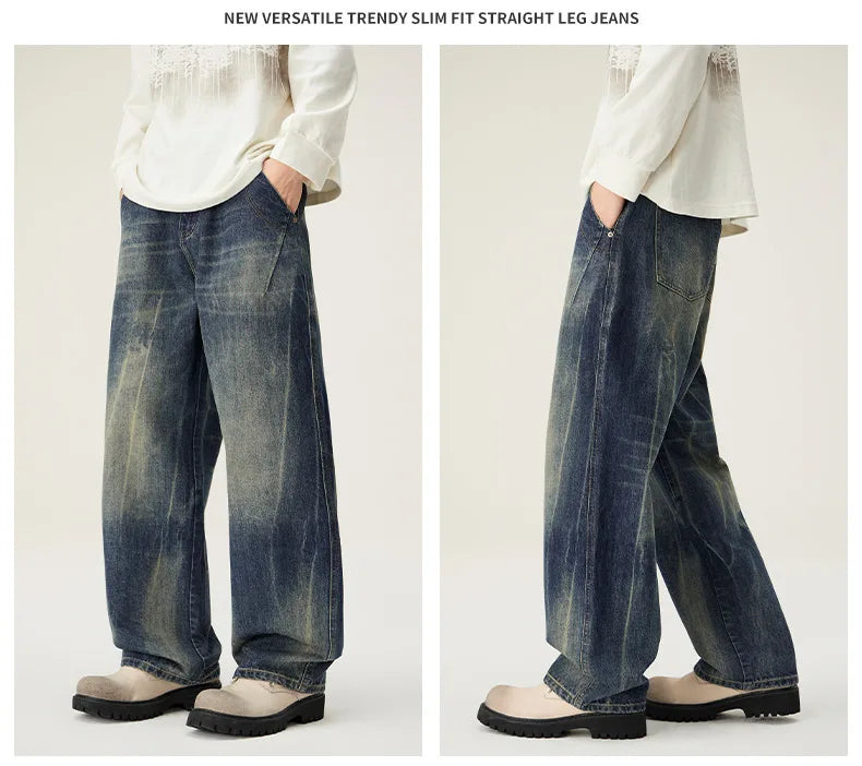 High end American fashion brand jeans for men, fashionable loose straight leg hanging feeling, casual versatile denim pants