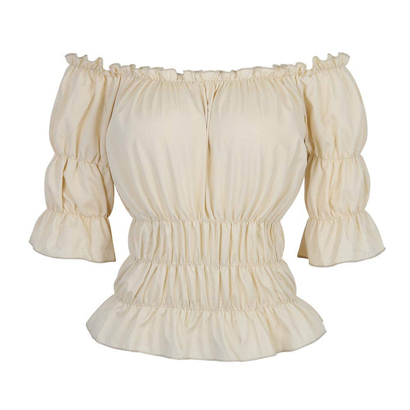 Women Renaissance Blouse Tops Corset Waist Medieval Victorian Off Shoulder Short Sleeve Shirt Pirate Cosplay Costumes Halloween