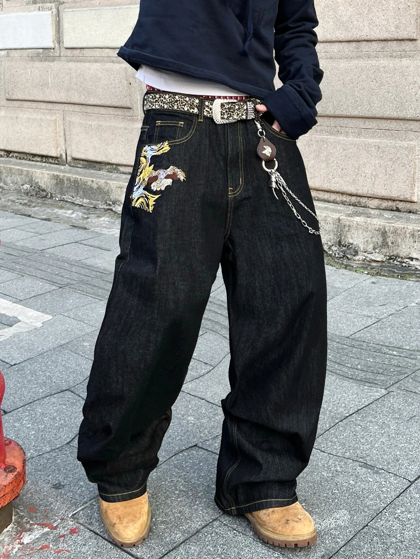 Men's Jeans Versatile Black Baggy Wide Pants,Trendy Embroidered Retro Y2K Men's Trousers,Suitable For All Seasons No Accessories