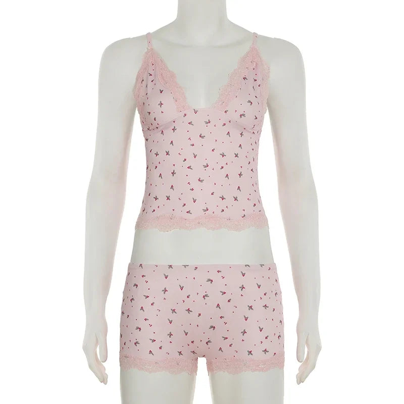 Summer Two-piece Pajamas Set for Women Sleepwear  Floral Lace Pink Sleeveless Camisoles and Slim Shorts Loungewear