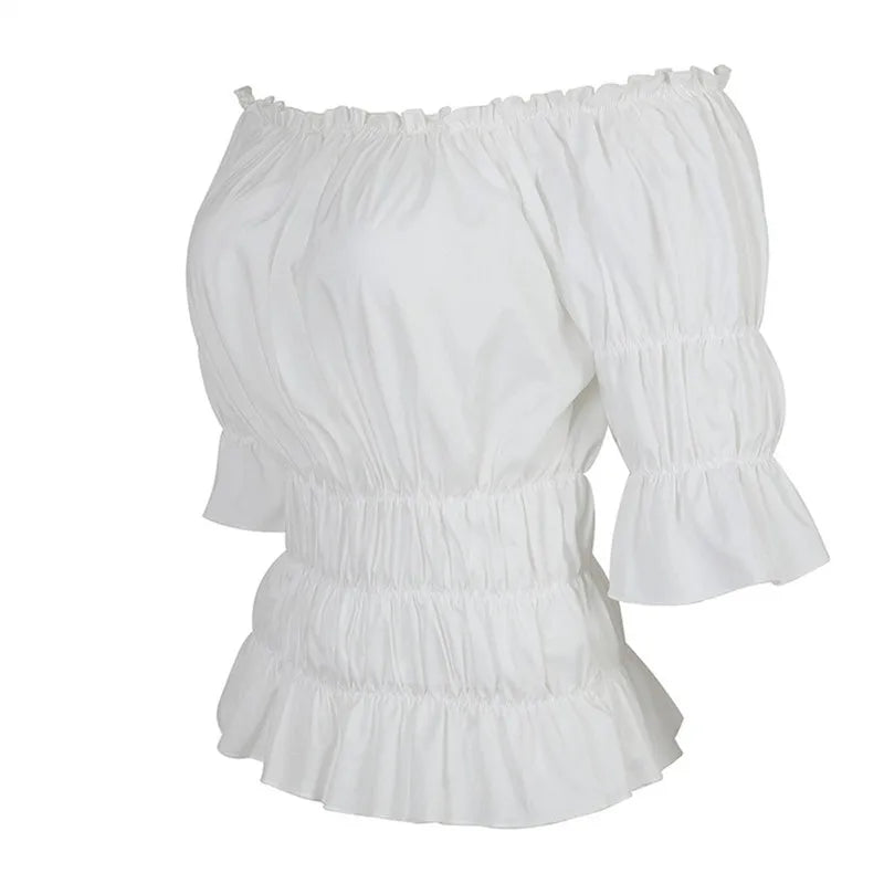 Women Renaissance Blouse Tops Corset Waist Medieval Victorian Off Shoulder Short Sleeve Shirt Pirate Cosplay Costumes Halloween