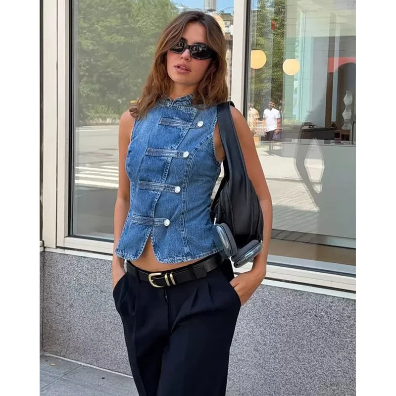 Women's Tops 2026 Summer New Fashion Retro Denim Blouse Women's Chic Summer Travel Joker Youth Blouse Vest