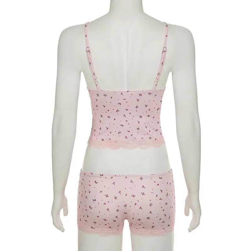 Summer Two-piece Pajamas Set for Women Sleepwear  Floral Lace Pink Sleeveless Camisoles and Slim Shorts Loungewear
