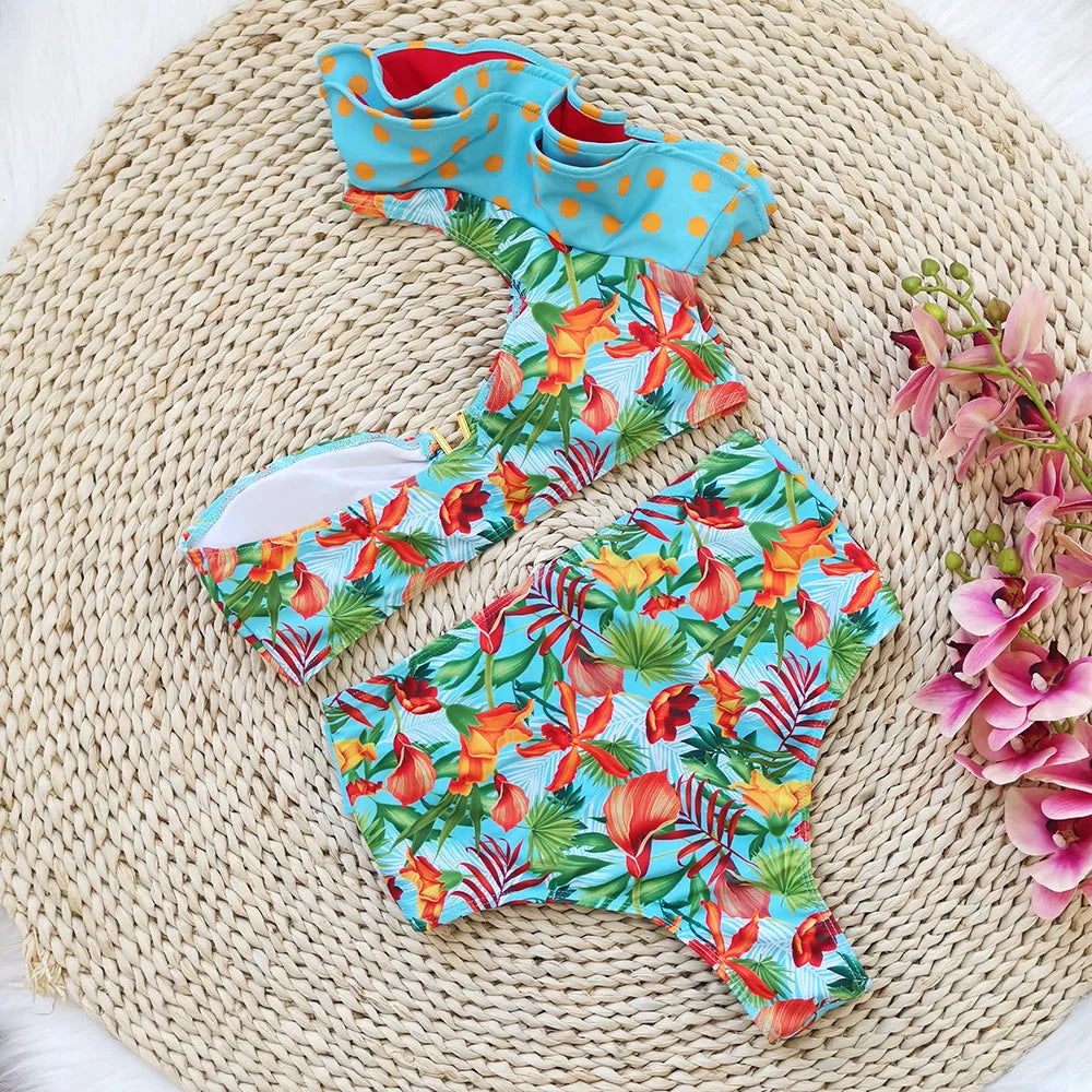 Two-Pieces Women Floral 2023 Push-Up Padded Bra Ruffles Bandage Bikini Set Swimsuit Swimwear Bathing Suit Beachwear Biquini