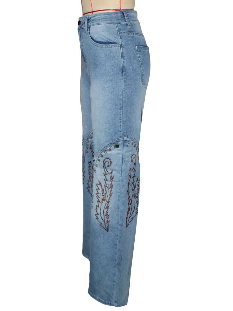2025 Summer Fashion Woman Vintage Embroidery Denim Trousers Casual High Waist Straight Leg Jeans Women Street Clothes Jean Pants