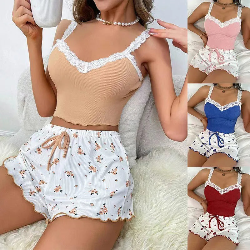 Women Two-piece Summer Sexy Pajama Set Ribbed Knitted Flower Print Lace Trimmed Camisole Vest Bow Shorts Suspender Shorts Suit
