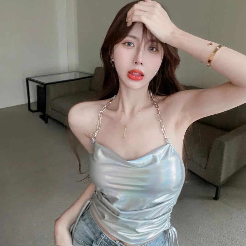 Women's Fashion Contrast Color Crop Top Y2k Sexy Sleeveless Backless Wrap Hip Vest Party Club Spaghetti Straps High Streetwear