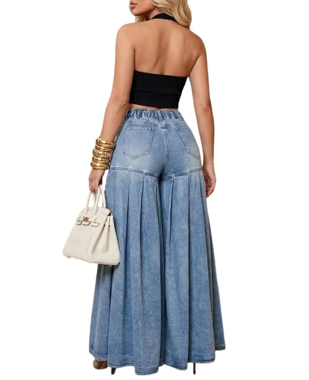 Women's Casual Jeans Fashionable Washed Pleated Large Flare Wide Leg Pants