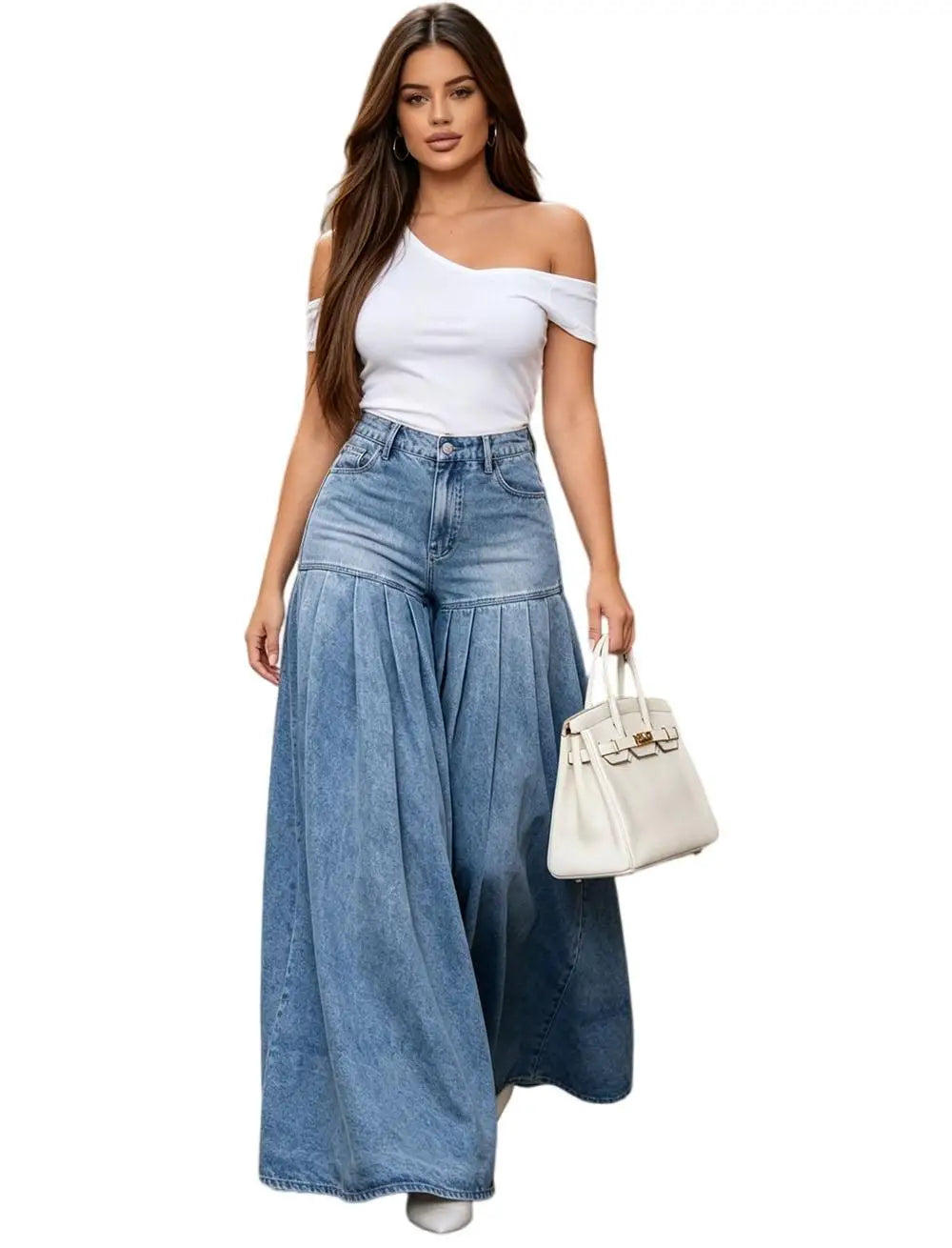 Women's Casual Jeans Fashionable Washed Pleated Large Flare Wide Leg Pants
