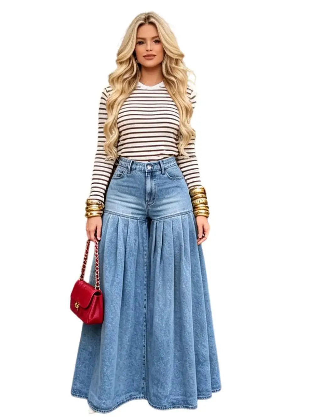 Women's Casual Jeans Fashionable Washed Pleated Large Flare Wide Leg Pants