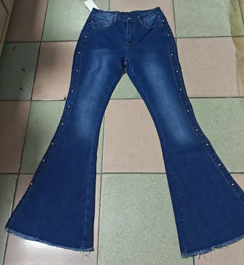 Women Jeans High Waist Strecth Denim Flare Pants Vintage Trousers Buttons Denims Streetwear Spring Autumn Female Floor Length