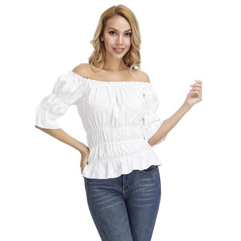 Women Renaissance Blouse Tops Corset Waist Medieval Victorian Off Shoulder Short Sleeve Shirt Pirate Cosplay Costumes Halloween