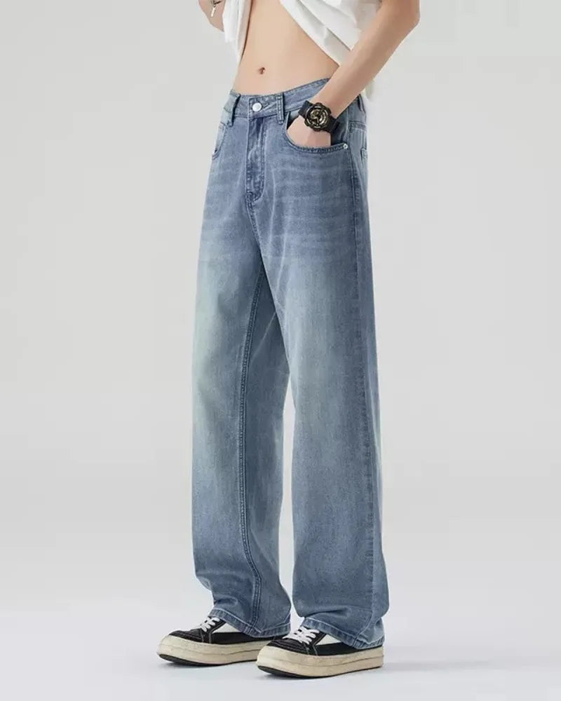 New Bent Knife Jeans for Men American Retro Washed Distressed Wide Leg Pants Four Seasons Loose Straight Leg Feelin Street Jeans