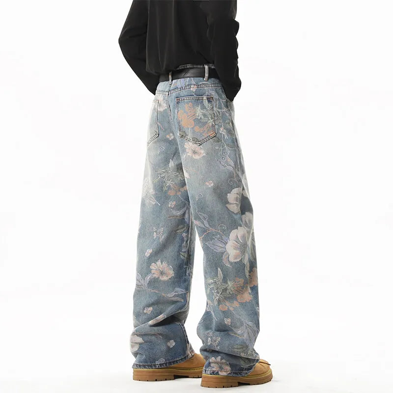 2025 NEW JEANS American hip-hop men and women trendy retro floral print straight leg jeans couples loose wide leg casual pants