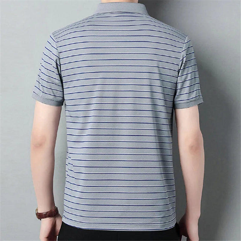 Summer Fashion Striped T-Shirts Men Turn Down Collar Short Sleeve Smart Casual Tshirt Mens Wrinkle Free High Quality Tees Tops