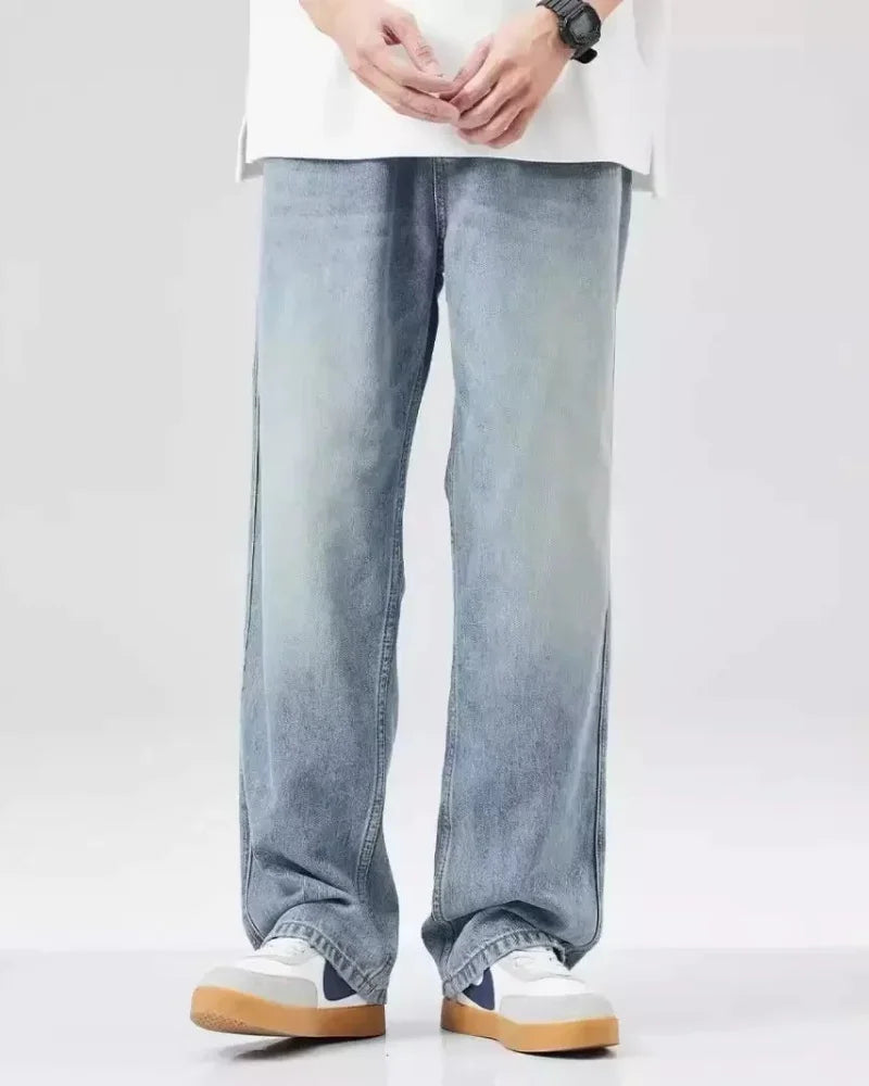 New Bent Knife Jeans for Men American Retro Washed Distressed Wide Leg Pants Four Seasons Loose Straight Leg Feelin Street Jeans