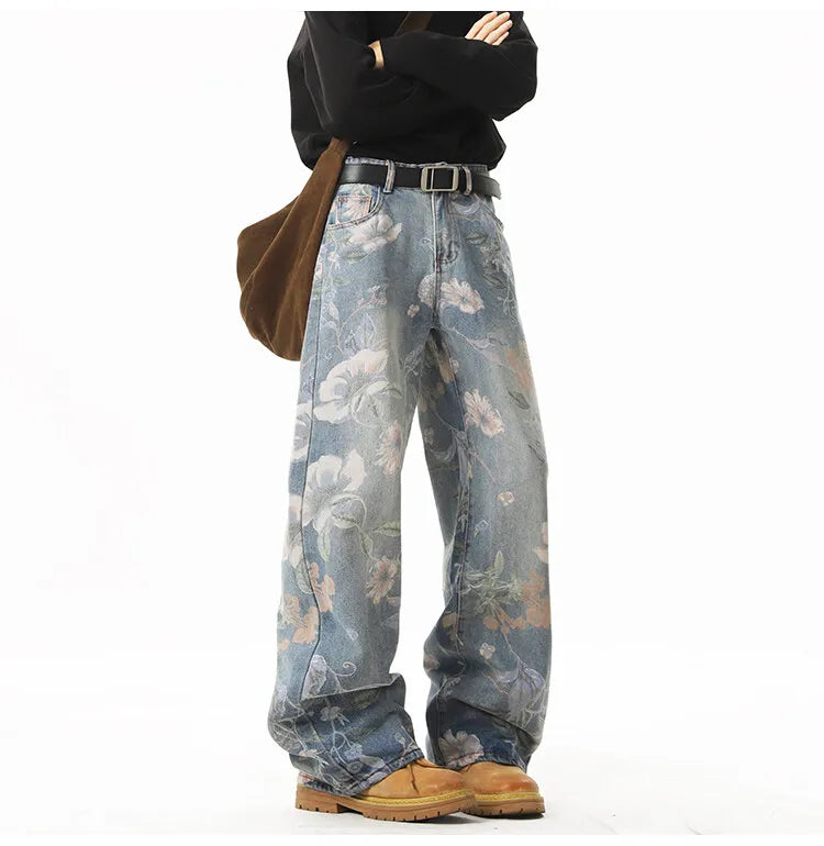 2025 NEW JEANS American hip-hop men and women trendy retro floral print straight leg jeans couples loose wide leg casual pants