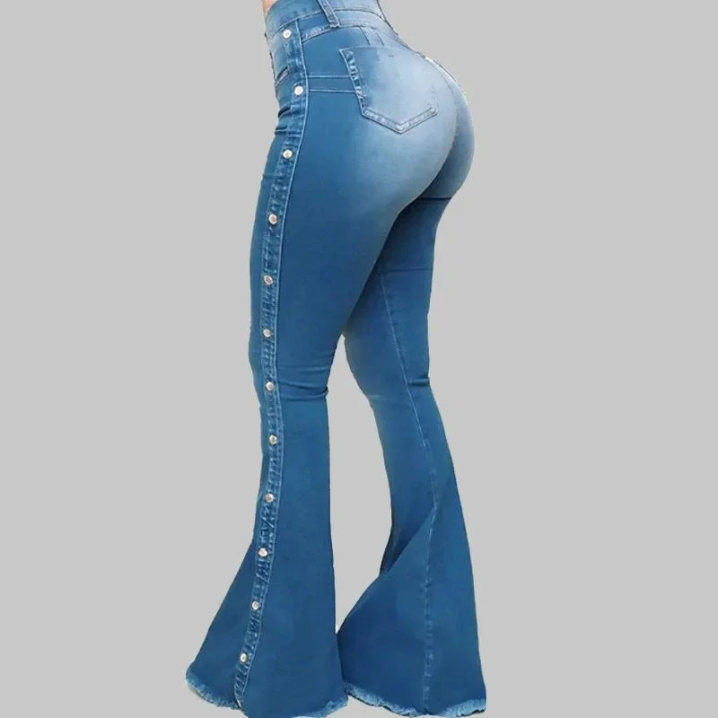 Women Jeans High Waist Strecth Denim Flare Pants Vintage Trousers Buttons Denims Streetwear Spring Autumn Female Floor Length