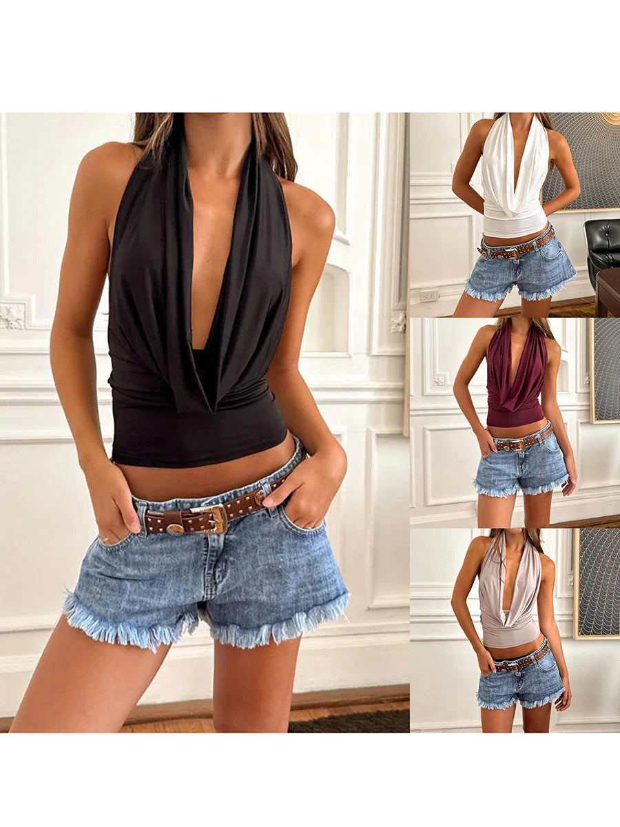 Women Sexy Cowl Neck Halter Tops Sexy Draped Front Low Cut Backless Tank Top Ruched Open Back Y2k Going Out Crop Tops