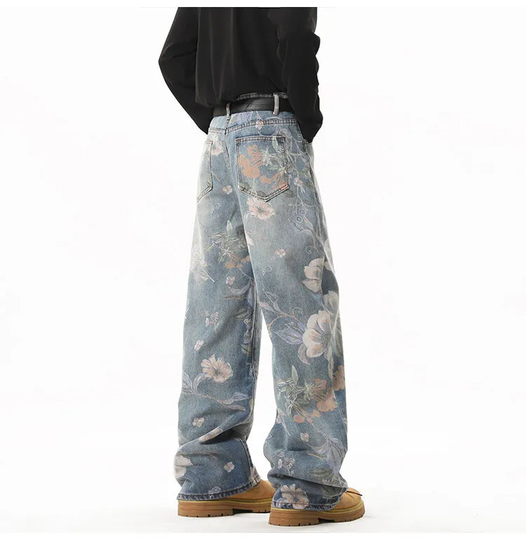 2025 NEW JEANS American hip-hop men and women trendy retro floral print straight leg jeans couples loose wide leg casual pants