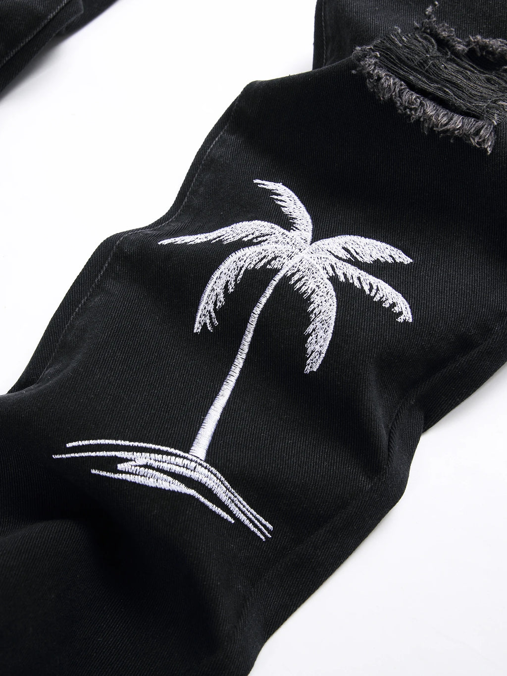 Men's Jeans Black Denim Pants Straight Leg Comfort Mid Waist White Embroidery Casual Streetwear Spring Slim Fit Trousers
