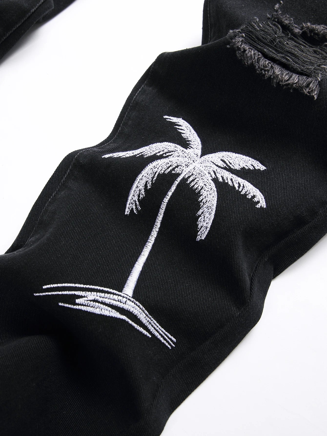 Men's Jeans Black Denim Pants Straight Leg Comfort Mid Waist White Embroidery Casual Streetwear Spring Slim Fit Trousers