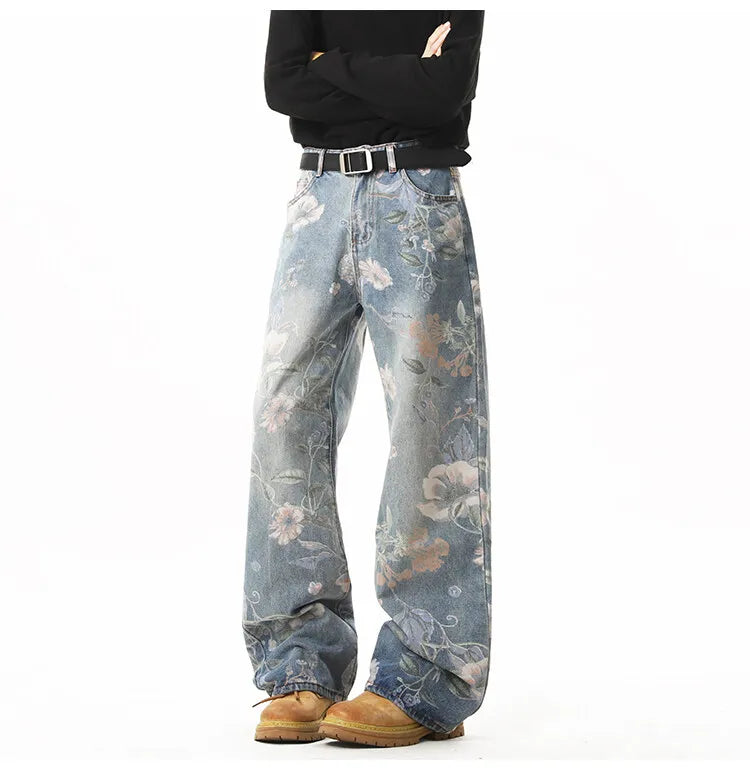 2025 NEW JEANS American hip-hop men and women trendy retro floral print straight leg jeans couples loose wide leg casual pants