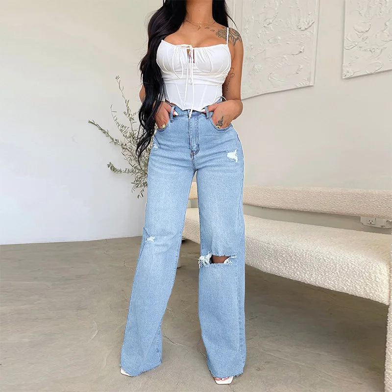 2026 Women's Jeans Long High-waisted Ripped Rough Edge Hot-selling Comfortable Wide-leg Pants