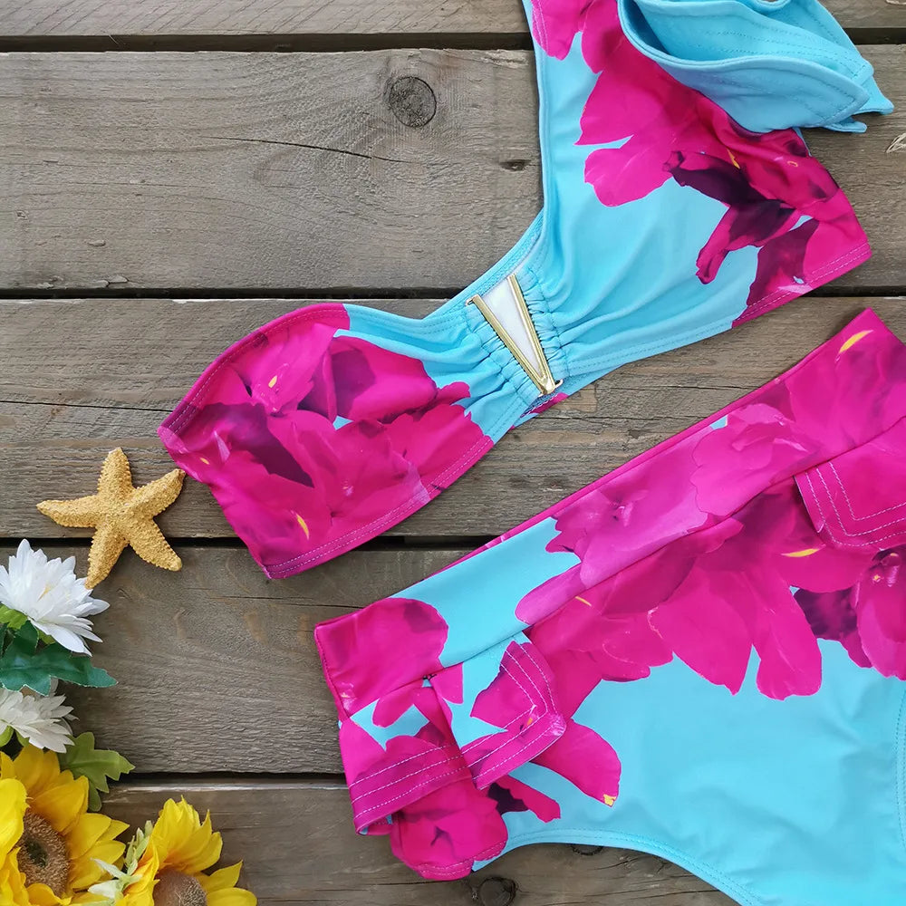 Two-Pieces Women Floral 2023 Push-Up Padded Bra Ruffles Bandage Bikini Set Swimsuit Swimwear Bathing Suit Beachwear Biquini