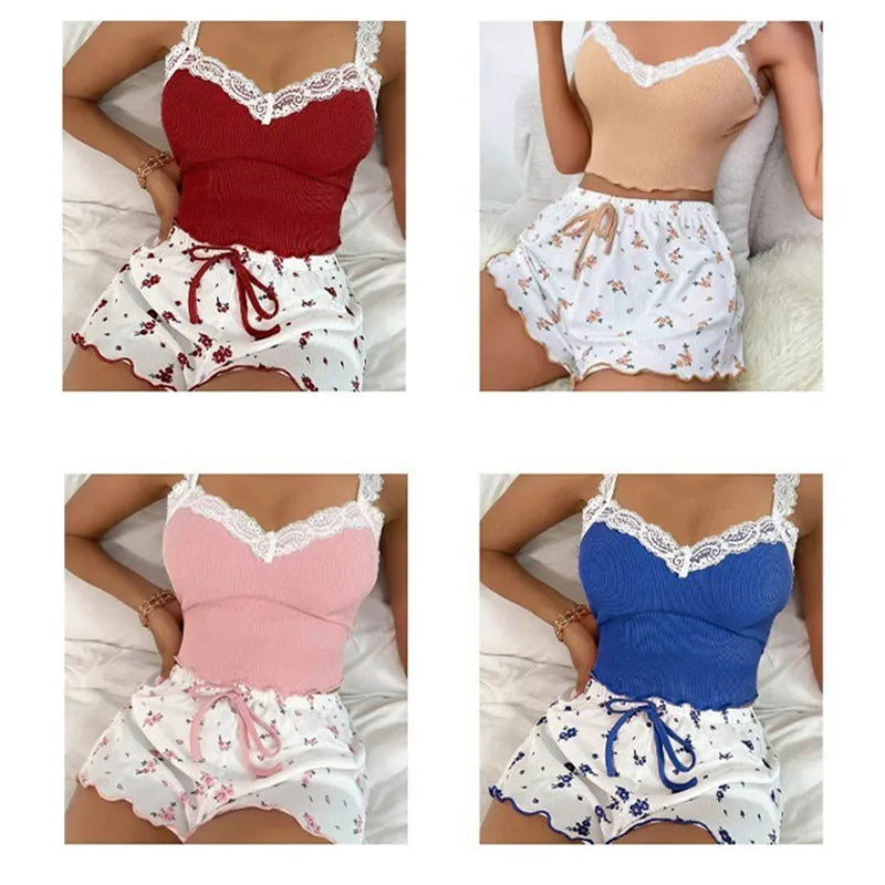 Women Two-piece Summer Sexy Pajama Set Ribbed Knitted Flower Print Lace Trimmed Camisole Vest Bow Shorts Suspender Shorts Suit