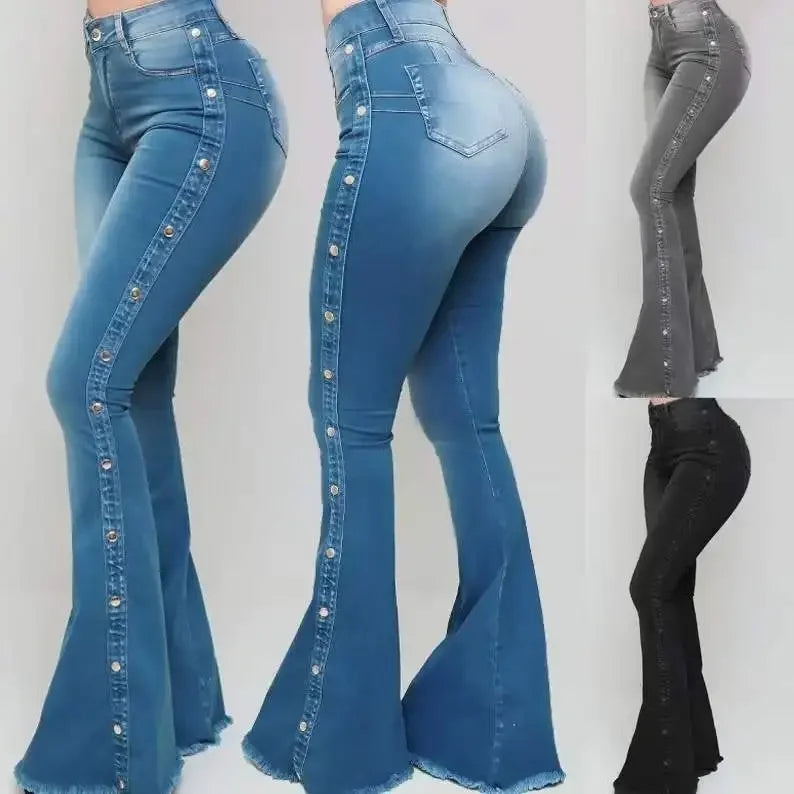 Women Jeans High Waist Strecth Denim Flare Pants Vintage Trousers Buttons Denims Streetwear Spring Autumn Female Floor Length