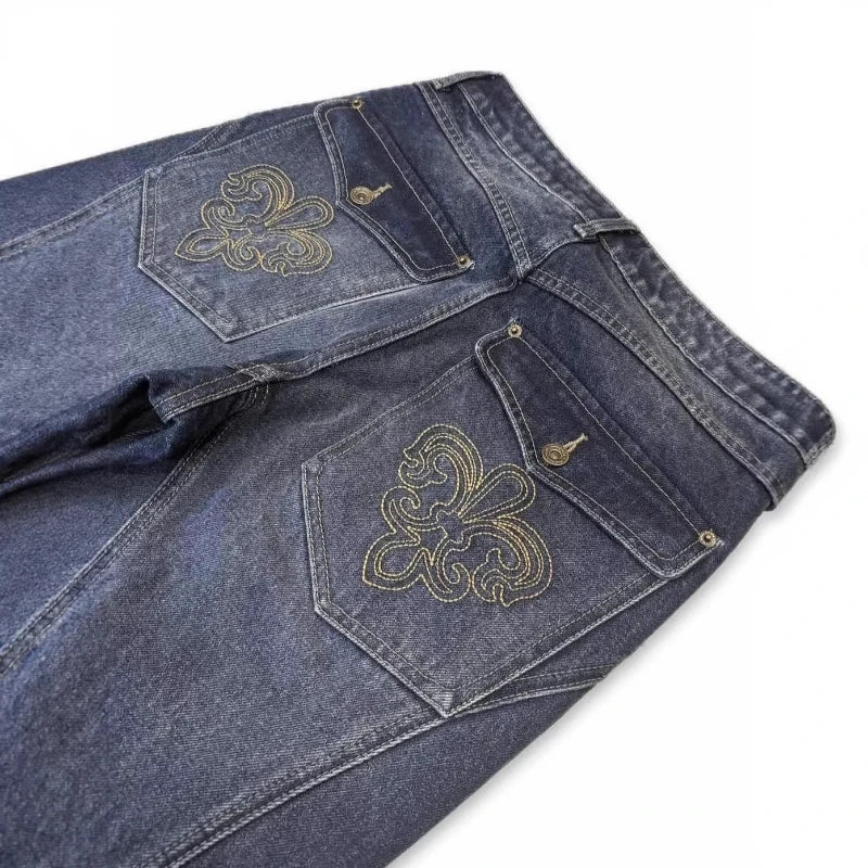 Mens Jeans Harajuku Vintage Streetwear Embroidery Hip Hop Denim Pants Washed Distressed Straight Leg Loose Fit Casual Unisex New