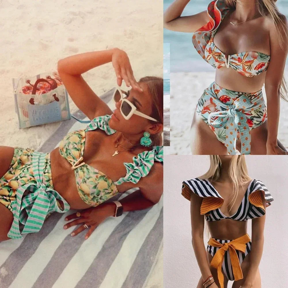 Two-Pieces Women Floral 2023 Push-Up Padded Bra Ruffles Bandage Bikini Set Swimsuit Swimwear Bathing Suit Beachwear Biquini
