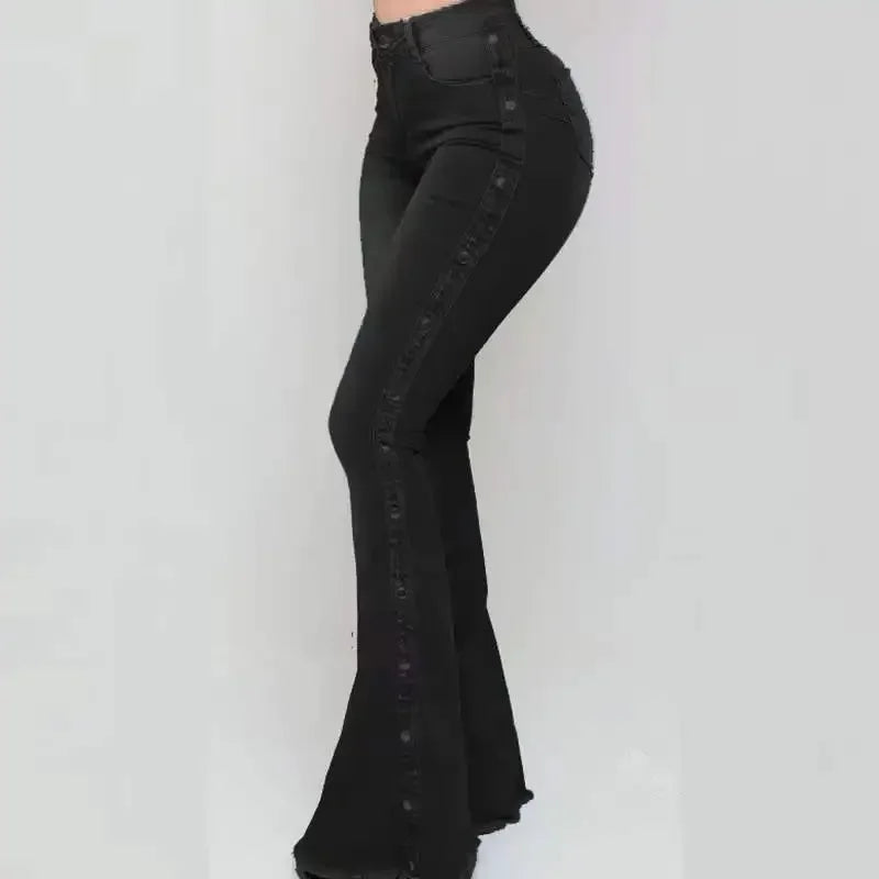 Women Jeans High Waist Strecth Denim Flare Pants Vintage Trousers Buttons Denims Streetwear Spring Autumn Female Floor Length