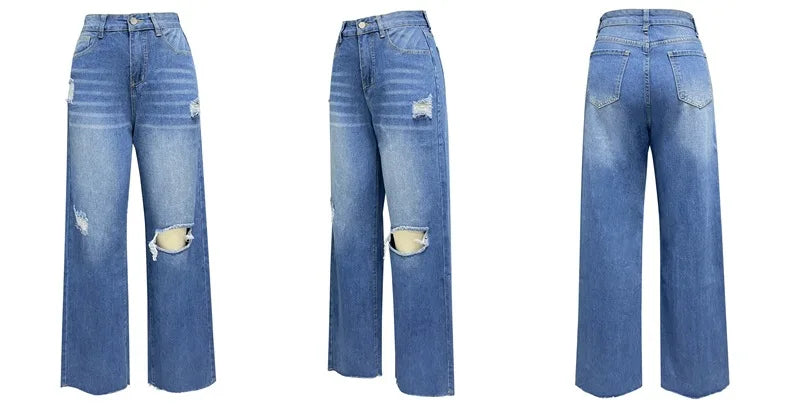 2026 Women's Jeans Long High-waisted Ripped Rough Edge Hot-selling Comfortable Wide-leg Pants