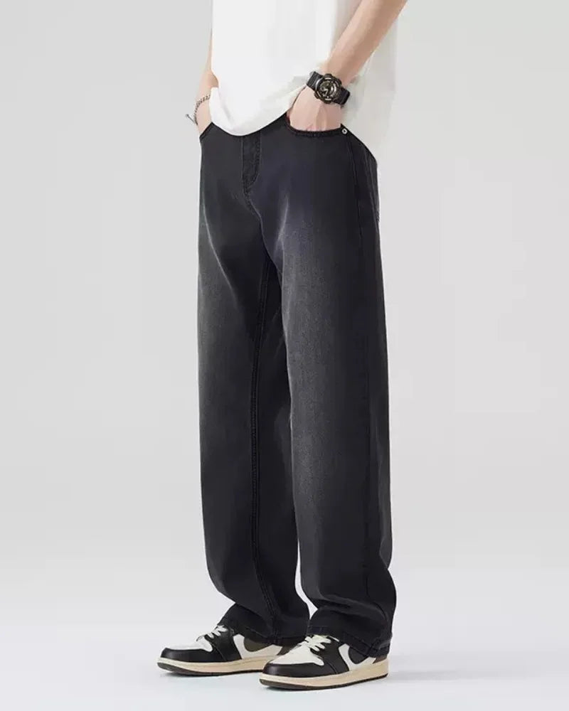 New Bent Knife Jeans for Men American Retro Washed Distressed Wide Leg Pants Four Seasons Loose Straight Leg Feelin Street Jeans